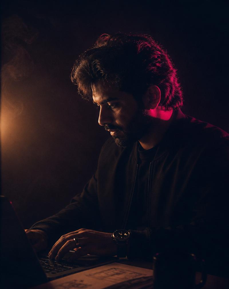 Portrait of the founder of Sargam Socials at work in a dark studio, lit by pink and gold rim light